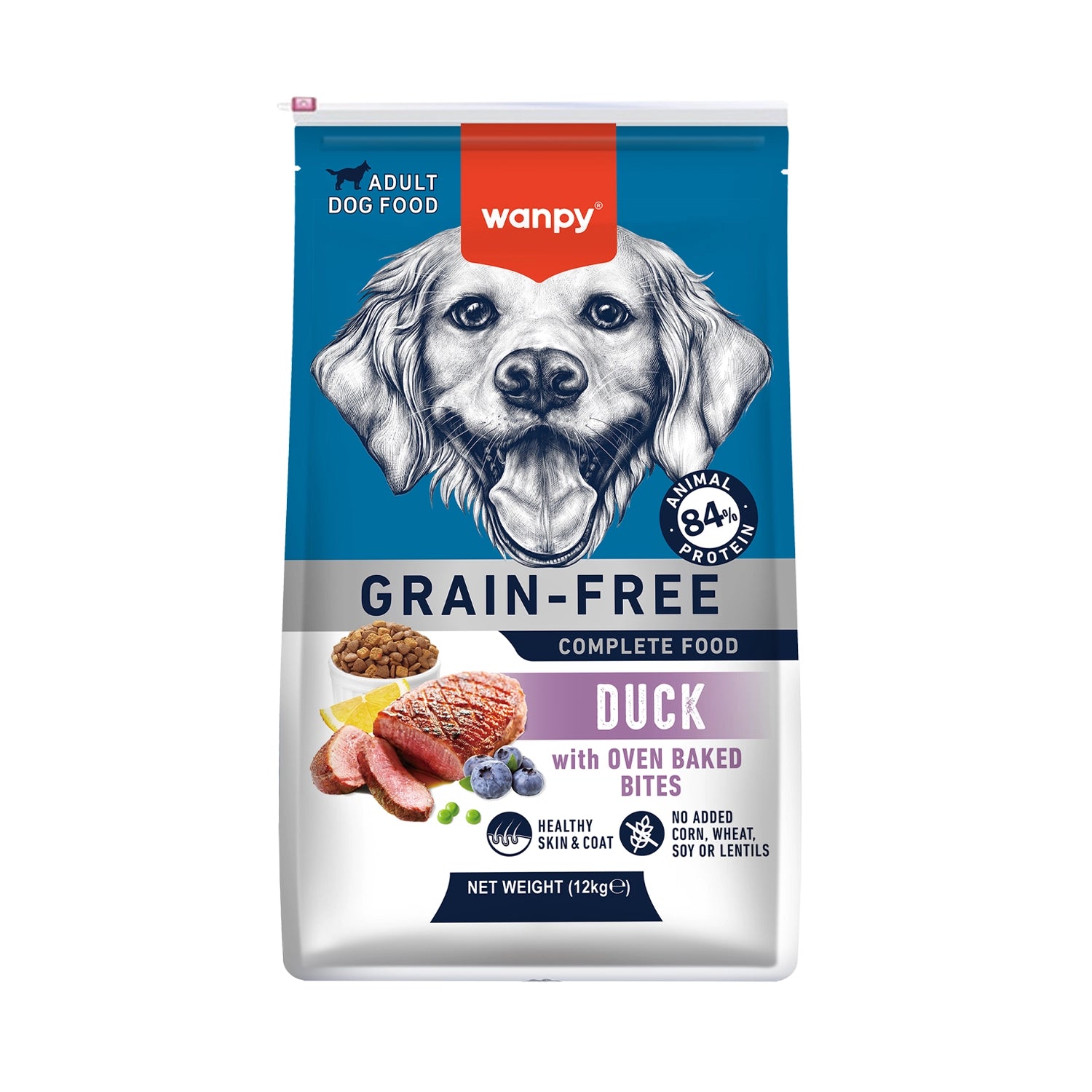 Wanpy Alimento Pato para Perros adultos, fórmula grain free con 84% de proteína animal y bocados horneados, bolsa de 12 kg.