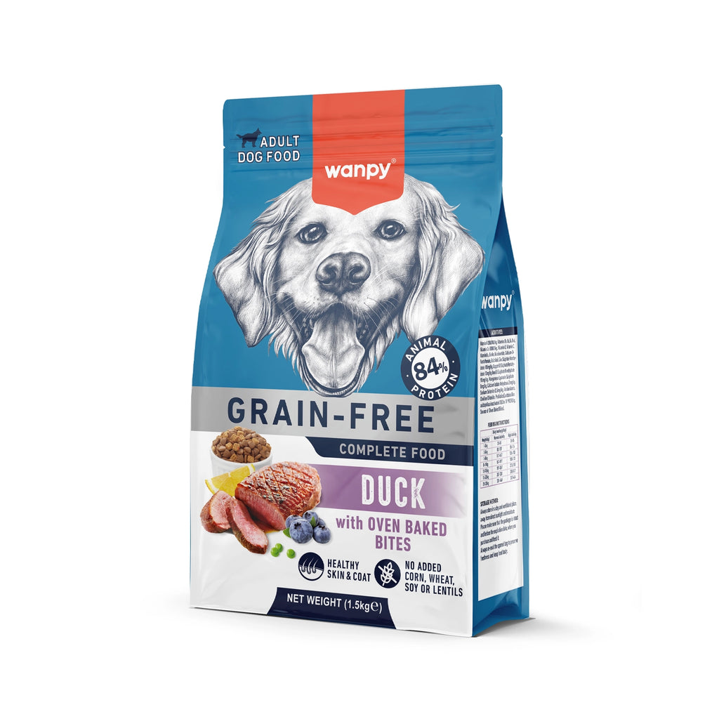 Wanpy Alimento Pato para Perros adultos, fórmula grain free con 84% de proteína animal y bocados horneados, bolsa de 1,5 kg.