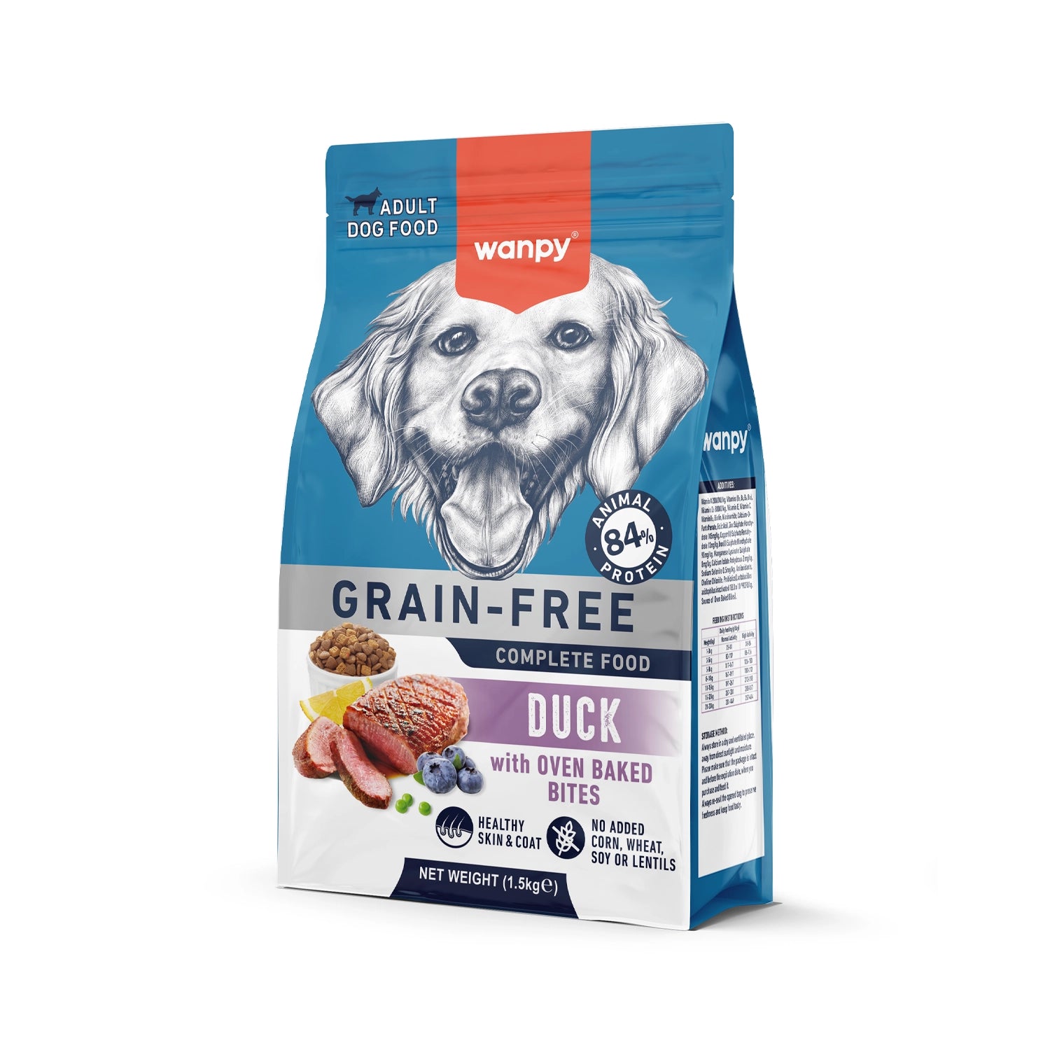 Wanpy Alimento Pato para Perros adultos, fórmula grain free con 84% de proteína animal y bocados horneados, bolsa de 1,5 kg.