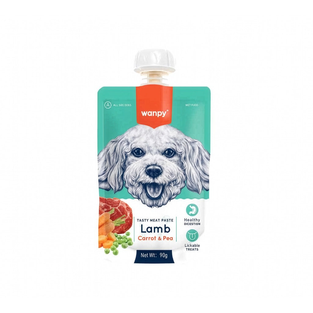 Wanpy Tasty Meat Paste Cordero para Perros en pouch de 90 g, con zanahoria y arvejas, presentado sobre fondo blanco.
