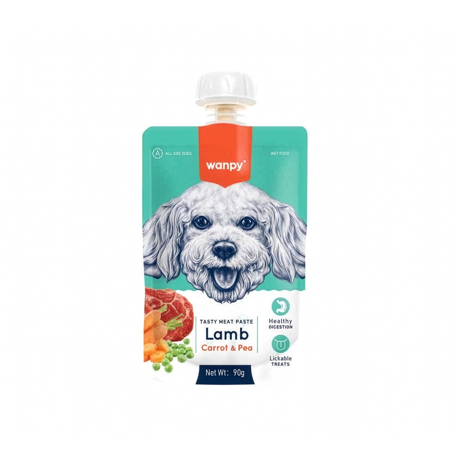 Wanpy Tasty Meat Paste Cordero para Perros en pouch de 90 g, con zanahoria y arvejas, presentado sobre fondo blanco.