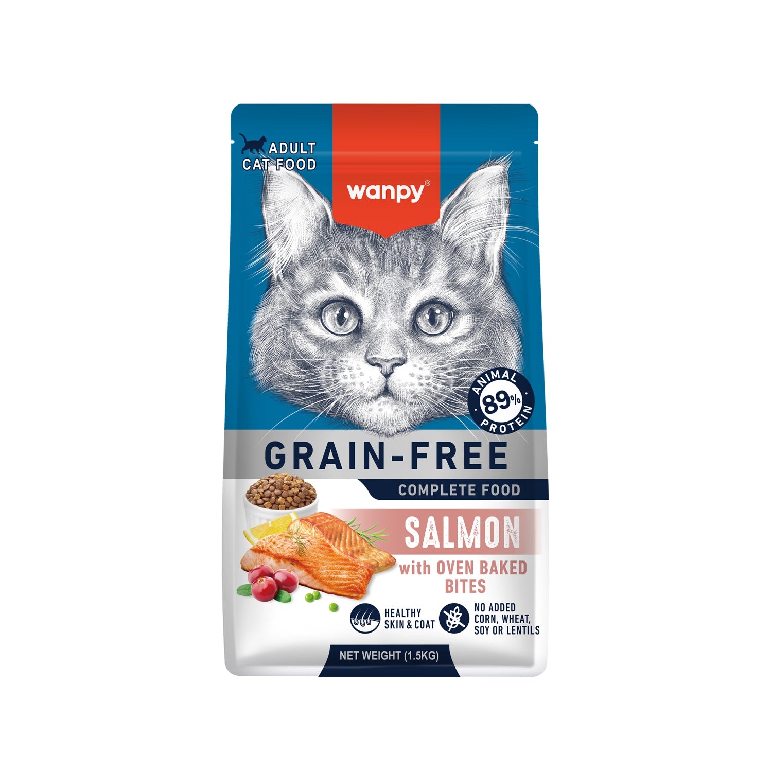 Wanpy Alimento Salmón para Gatos adultos, fórmula grain-free con 89% de proteína animal, salmón y bocados horneados.