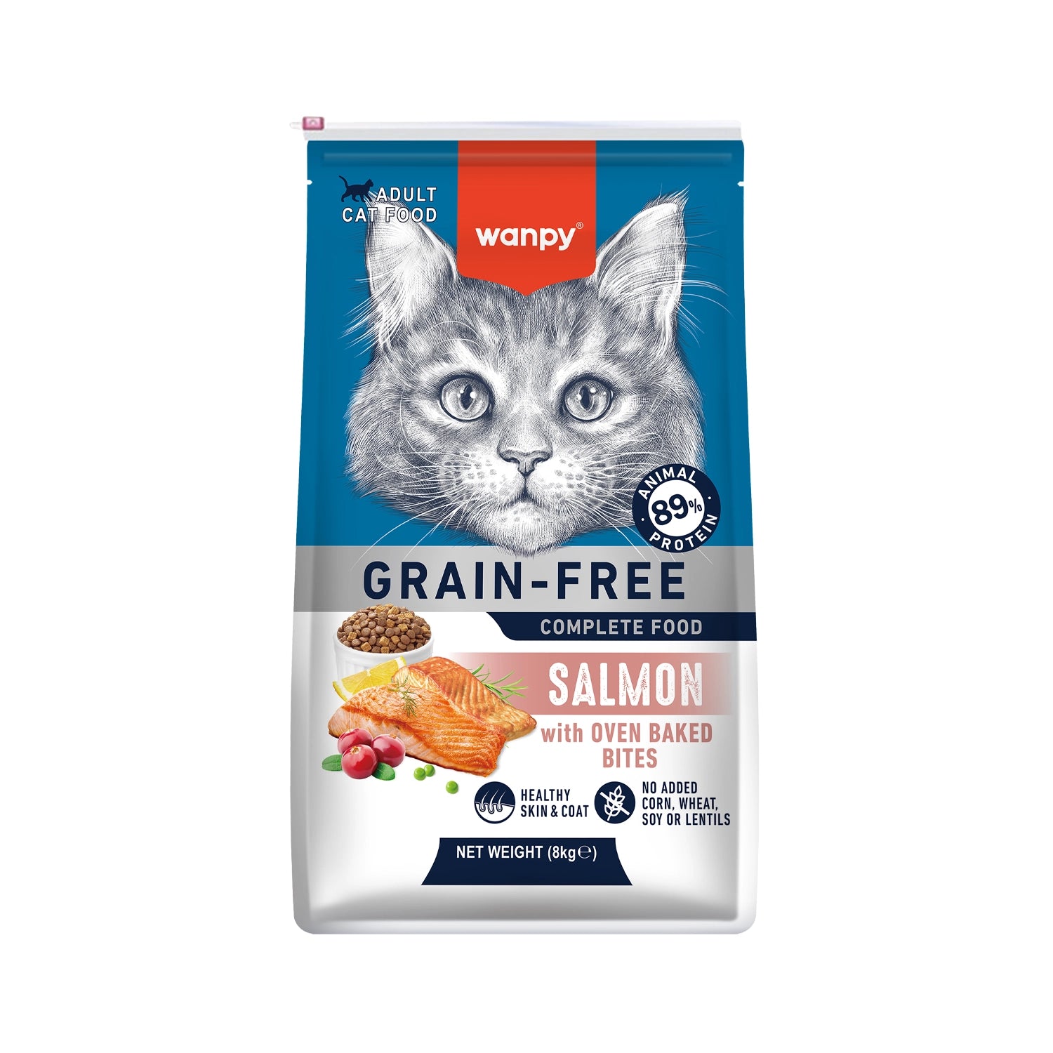Wanpy Alimento Salmón para Gatos adultos, fórmula grain-free con 89% de proteína animal, salmón y bocados horneados.