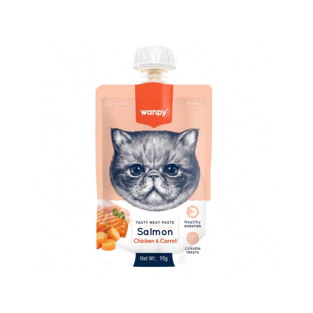 Wanpy Tasty Meat Paste Salmón para Gatos, snack húmedo con pollo y zanahoria en práctico pouch de 90 g con tapa resellable.