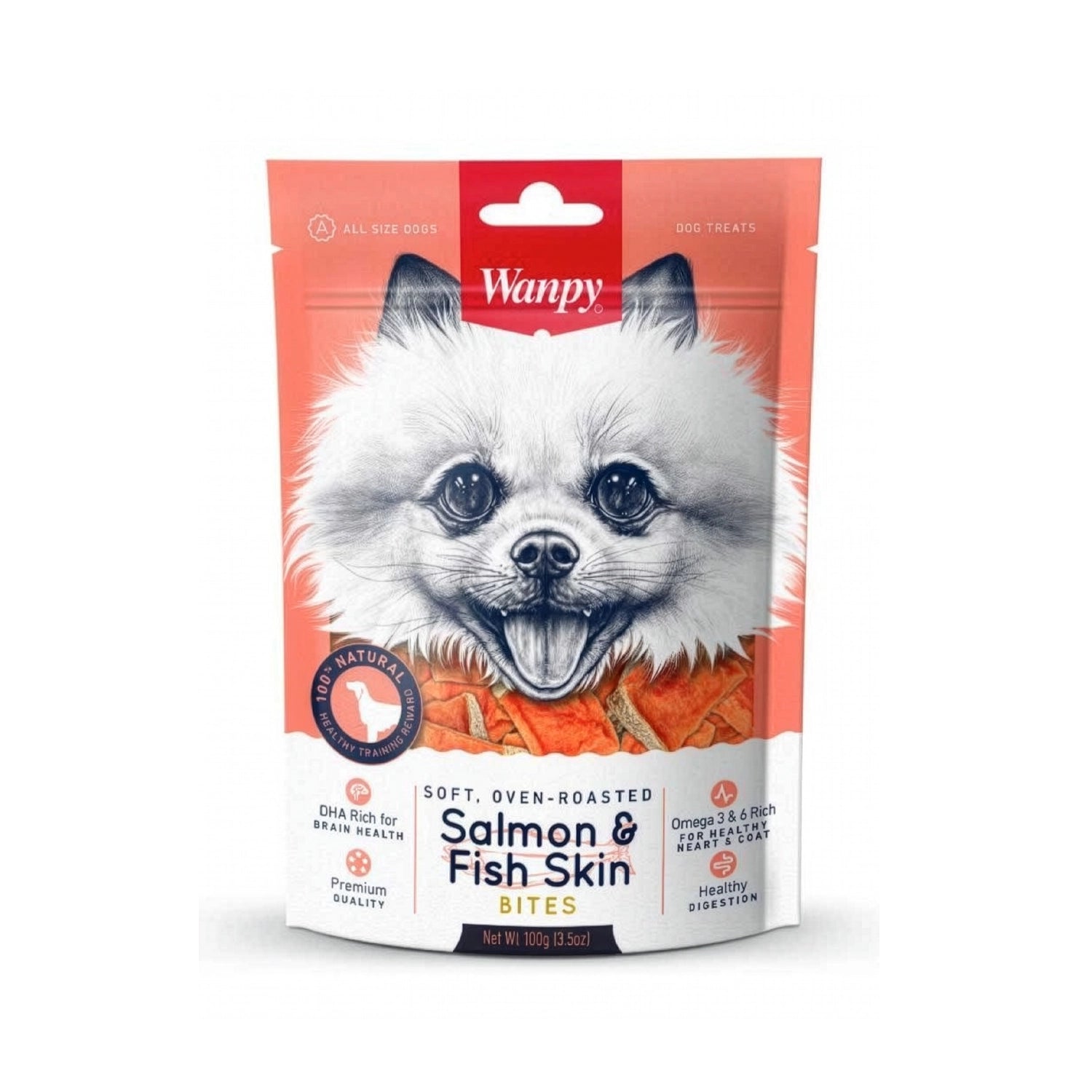 Snack Wanpy "Bites" Salmón y Escamas para perros, bolsa rosada de 100 g con bocados de salmón y piel de pescado horneados.