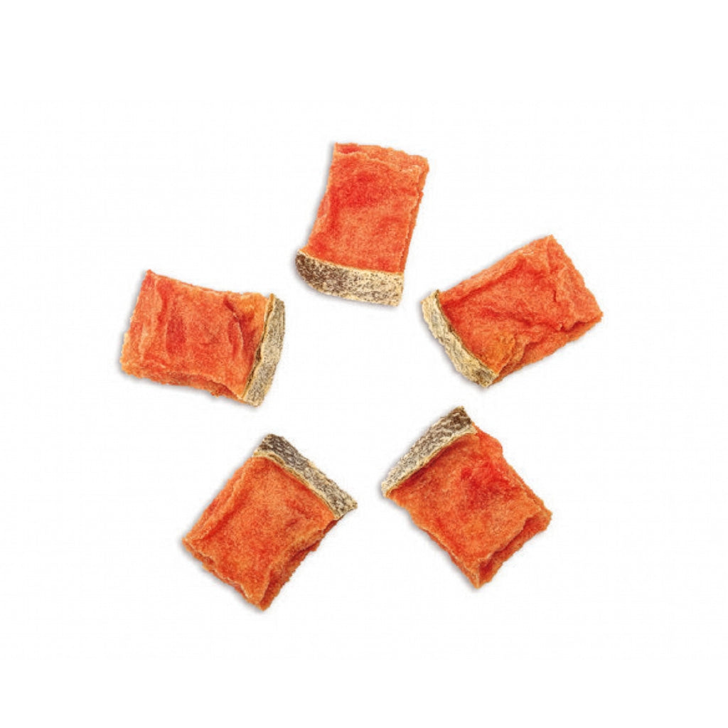 Snack Wanpy "Bites" Salmón y Escamas para perros, bolsa rosada de 100 g con bocados de salmón y piel de pescado horneados.