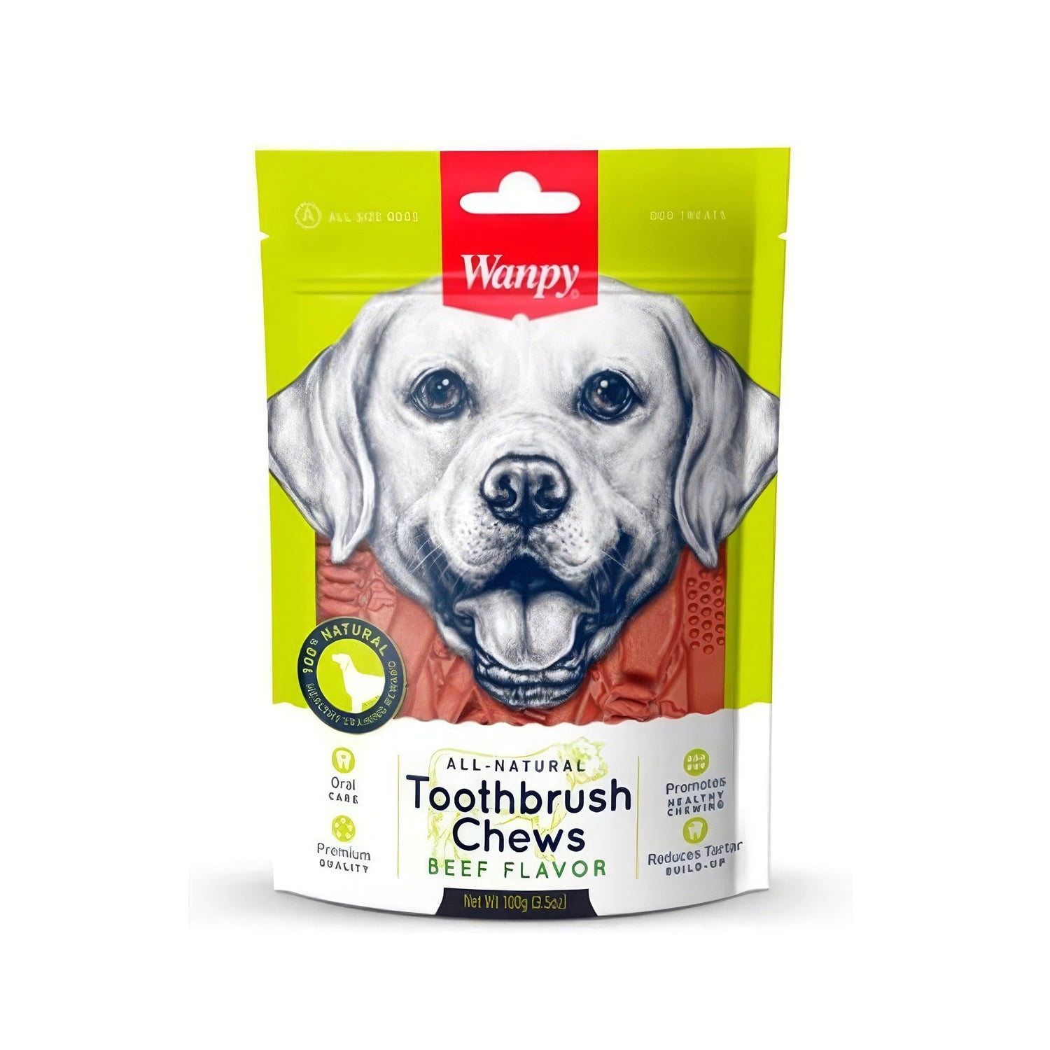 Snack Wanpy "Toothbrush Chews" Vacuno para perros, bolsa verde de 100 g con snacks dentales masticables y diseño de perro.
