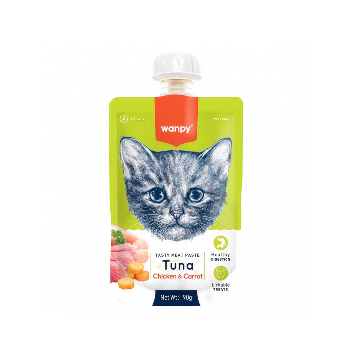 Wanpy Tasty Meat Paste Atún y Pollo para Gatos, snack húmedo lamible con zanahoria, en práctico pouch resellable de 90 g.