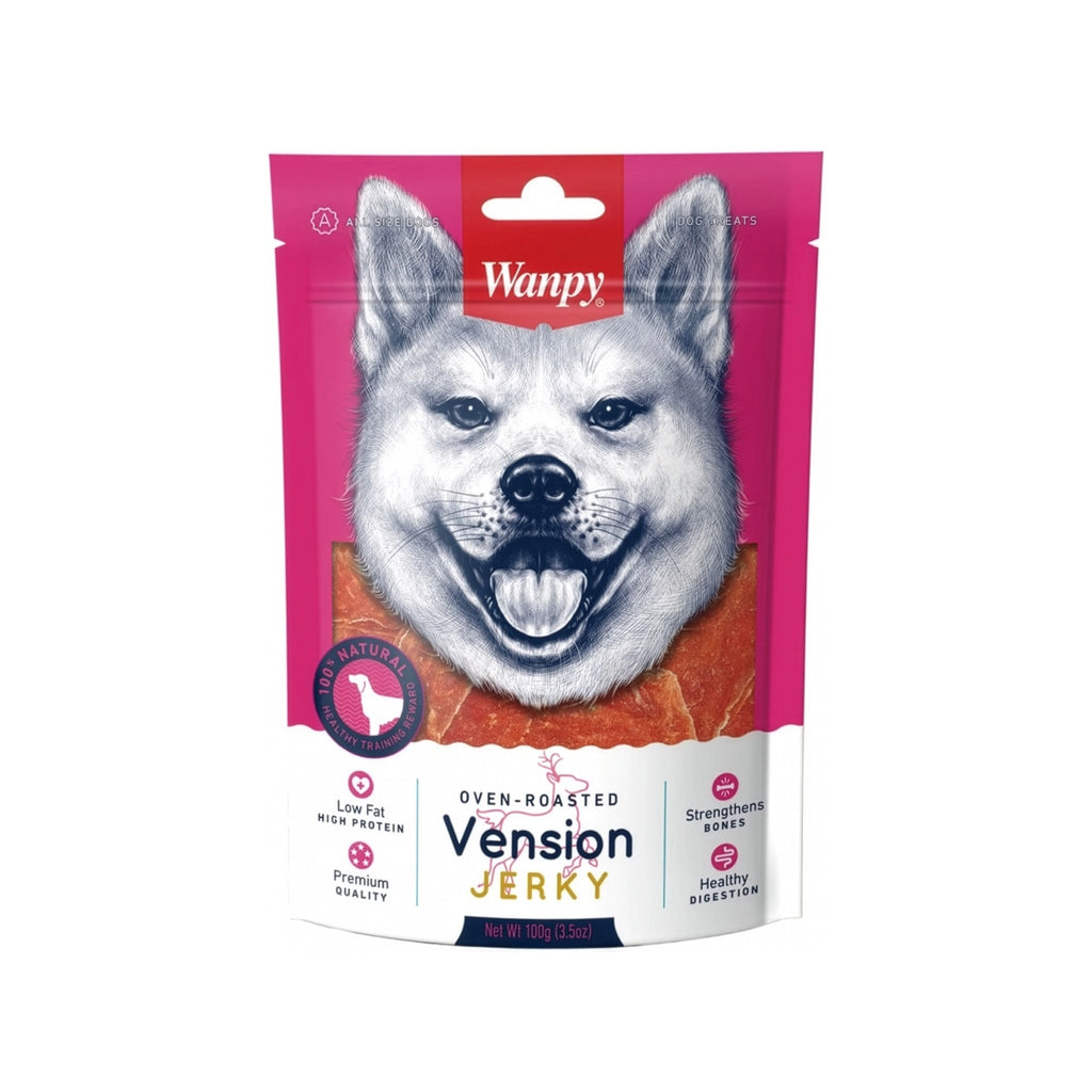Snack Wanpy "Jerky" Venado para perros, bolsa rosada de 100 g con trozos de carne de venado y diseño frontal con imagen de perro.