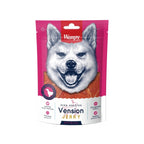 Snack Wanpy "Jerky" Venado para perros, bolsa rosada de 100 g con trozos de carne de venado y diseño frontal con imagen de perro.
