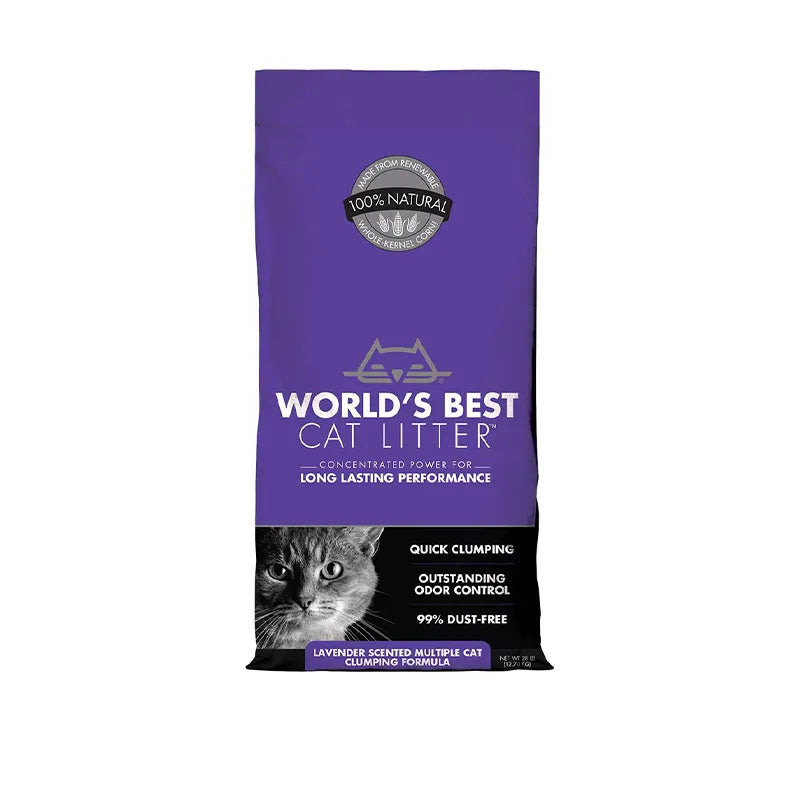 Arena Sanitaria Natural World's Best Cat Litter Multicat Lavanda en bolsa morada con gato, control de olores y aglomeración rápida