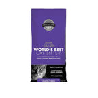 Arena Sanitaria Natural World's Best Cat Litter Multicat Lavanda en bolsa morada con gato, control de olores y aglomeración rápida