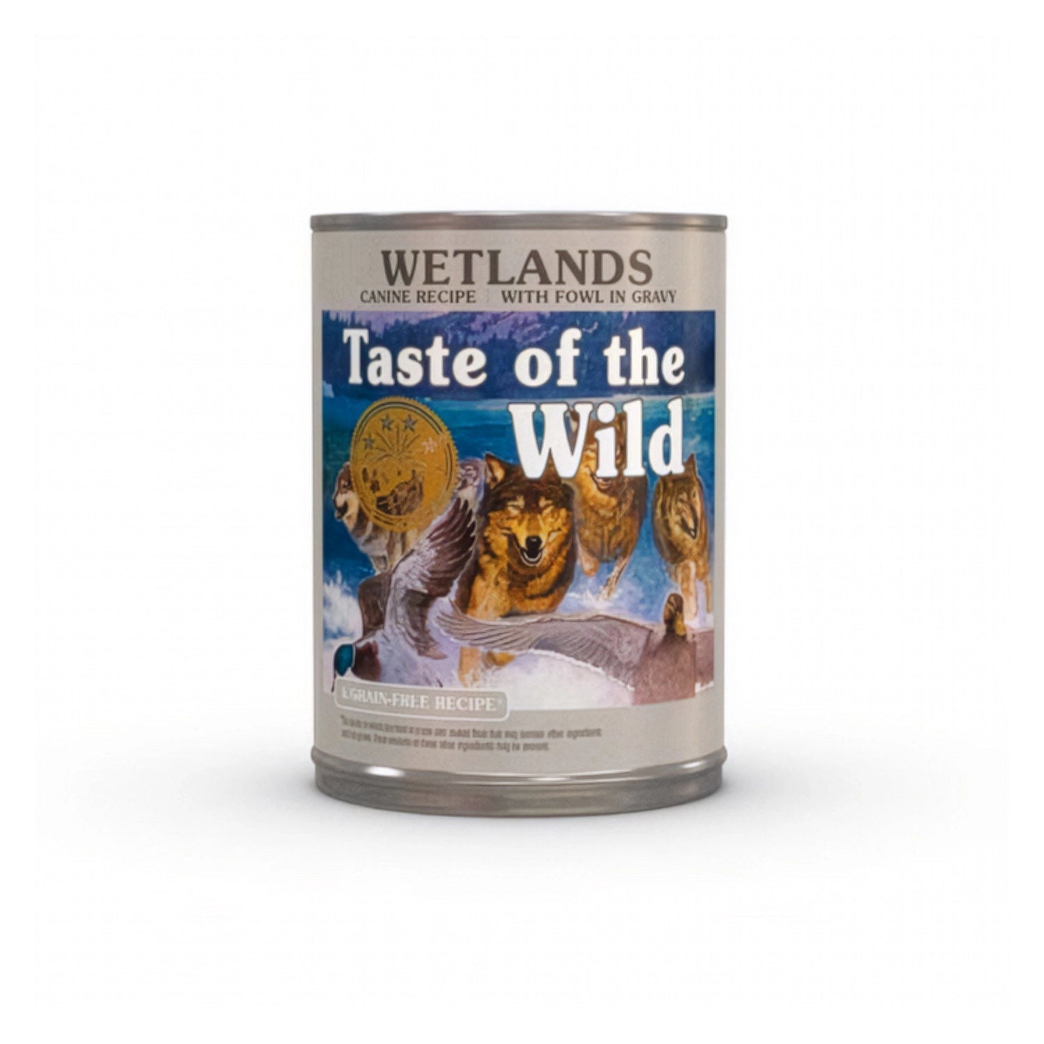 Taste of the Wild Lata Wetlands para Perros 390 g alimento húmedo con ilustración de lobos y aves en entorno natural acuático