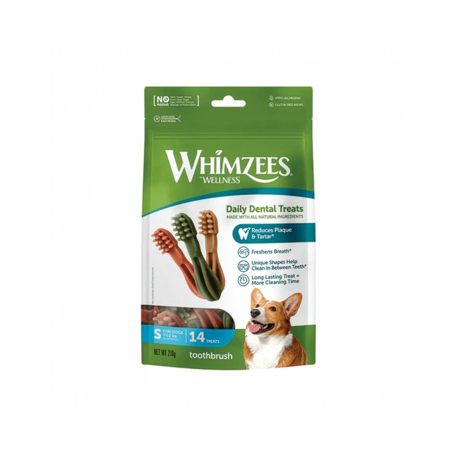 Whimzees Snack Toothbrush Small en bolsa verde, premios dentales para perros pequeños con forma de cepillo y 14 treats