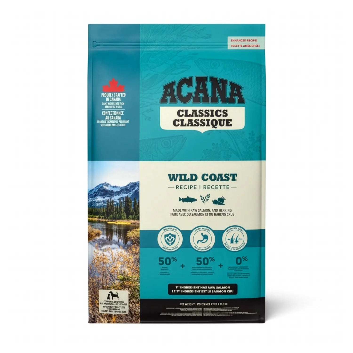Acana Wild Coast para Perros alimento seco con salmón y arenque crudos, receta rica en proteína con ingredientes naturales para perros.
