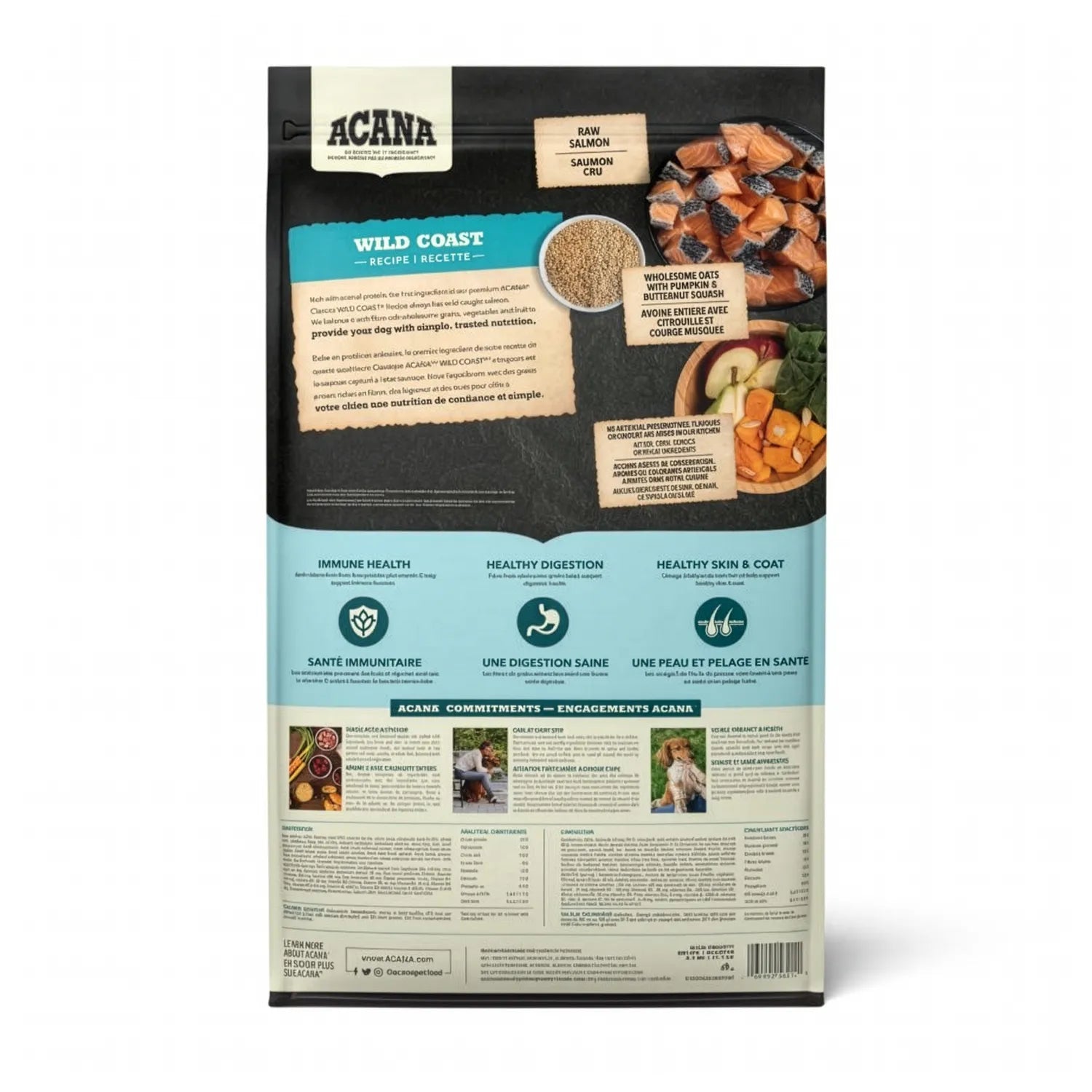 Acana Wild Coast para Perros alimento seco con salmón y arenque crudos, receta rica en proteína con ingredientes naturales para perros.