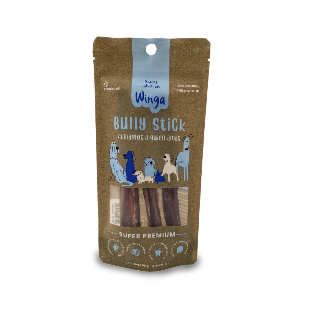 Winga Snack Bully Sticks para Perros en bolsa de 50 g con 3 unidades, ventana transparente e ilustraciones de perros.