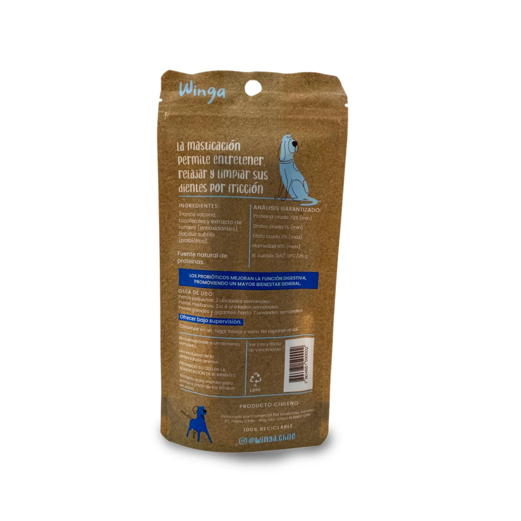 Winga Snack Bully Sticks para Perros en bolsa de 50 g con 3 unidades, ventana transparente e ilustraciones de perros.