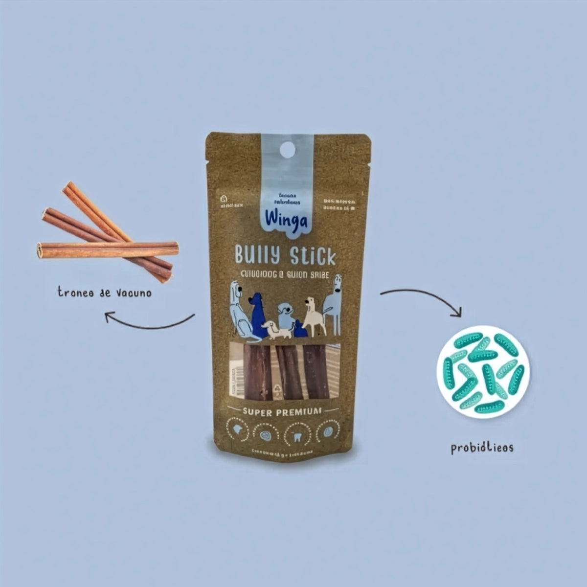 Winga Snack Bully Sticks para Perros en bolsa de 50 g con 3 unidades, ventana transparente e ilustraciones de perros.