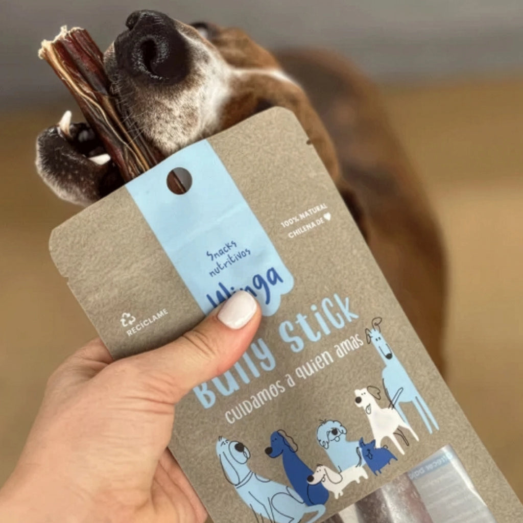 Winga Snack Bully Sticks para Perros en bolsa de 50 g con 3 unidades, ventana transparente e ilustraciones de perros.