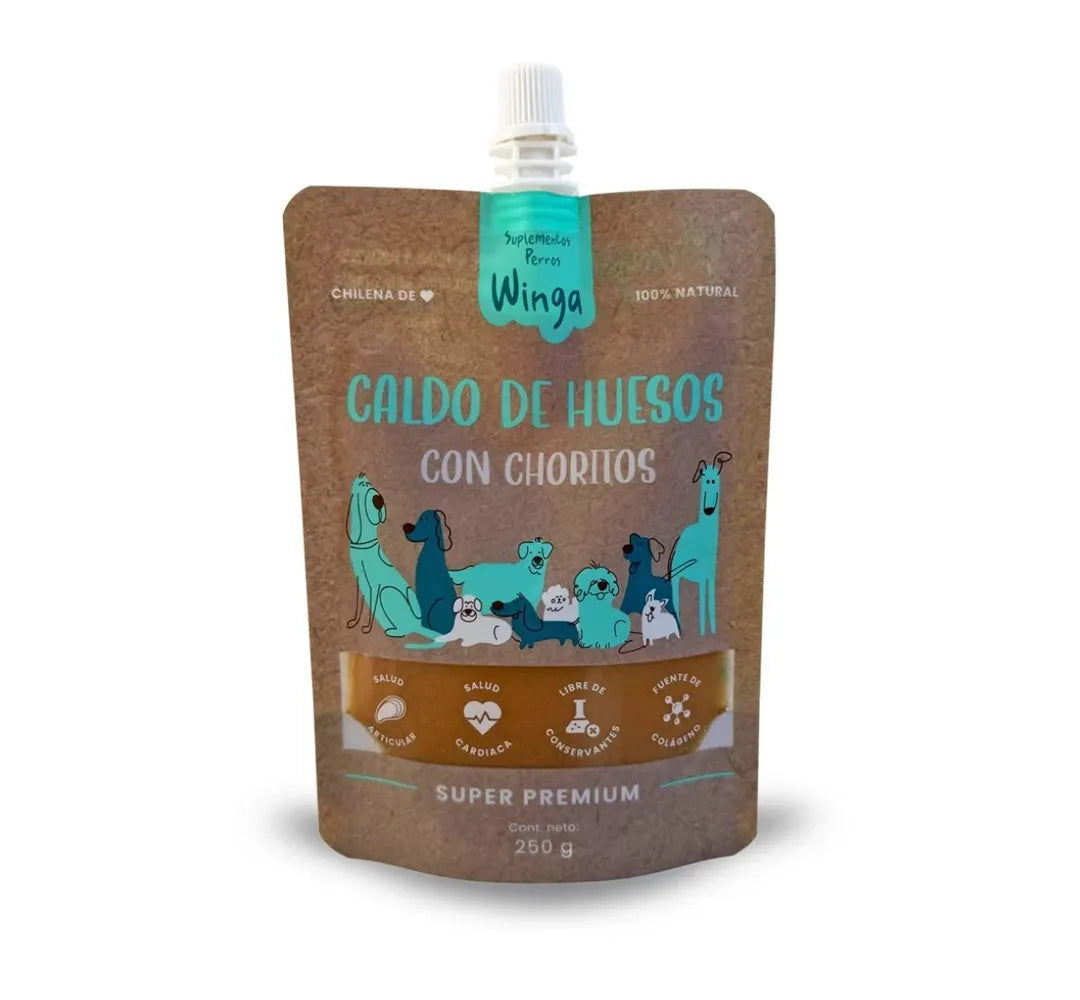 Winga Caldo de Huesos con Choritos para Perros 250 g en pouch kraft con boquilla, ilustraciones de perros y diseño natural premium