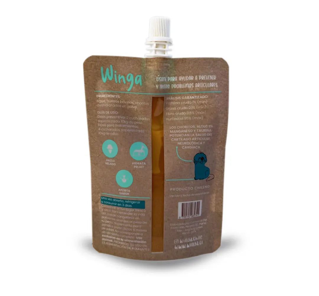 Winga Caldo de Huesos con Choritos para Perros 250 g en pouch kraft con boquilla, ilustraciones de perros y diseño natural premium