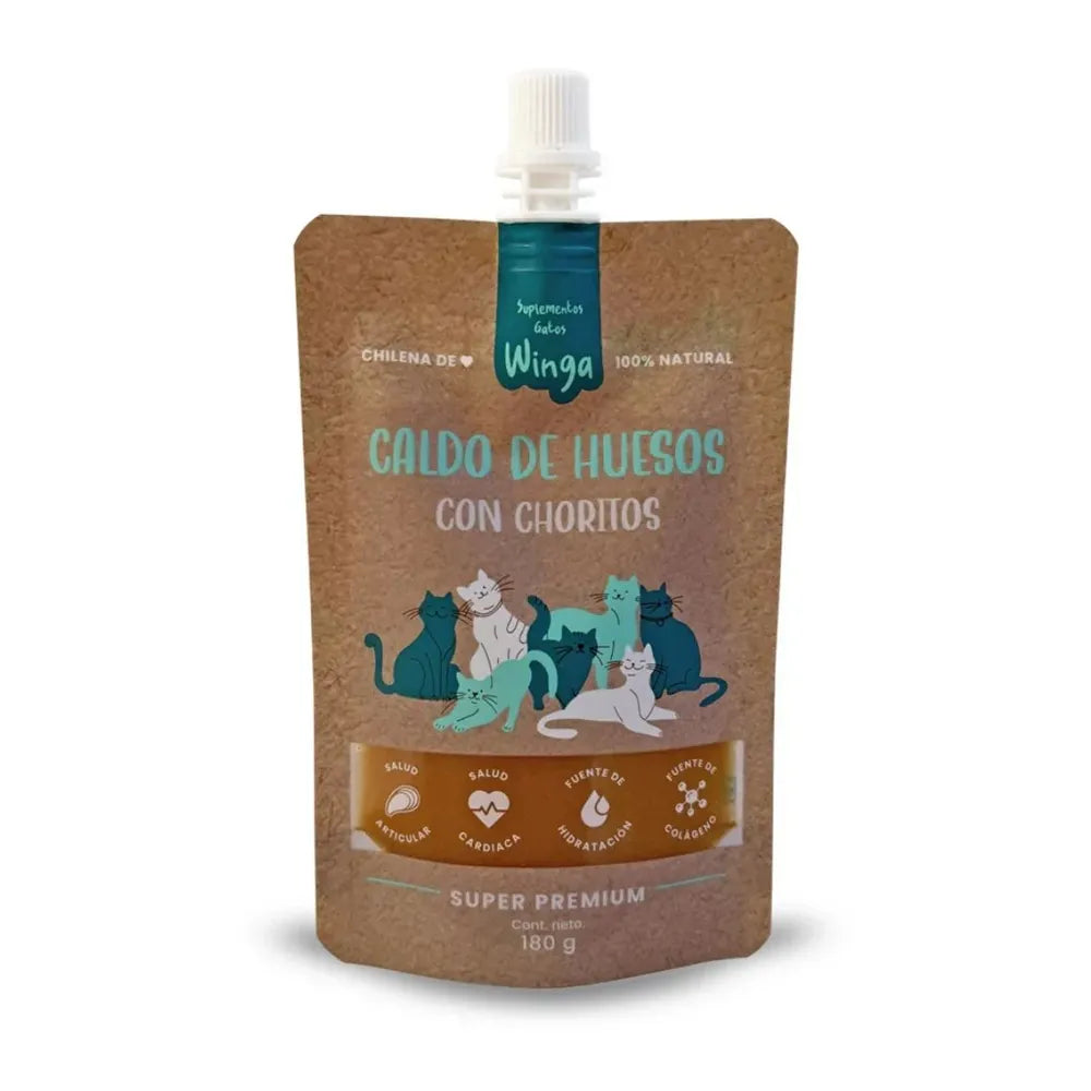 Winga Caldo de Huesos con Choritos para Gatos en pouch kraft con boquilla, ilustraciones de gatos y diseño natural premium