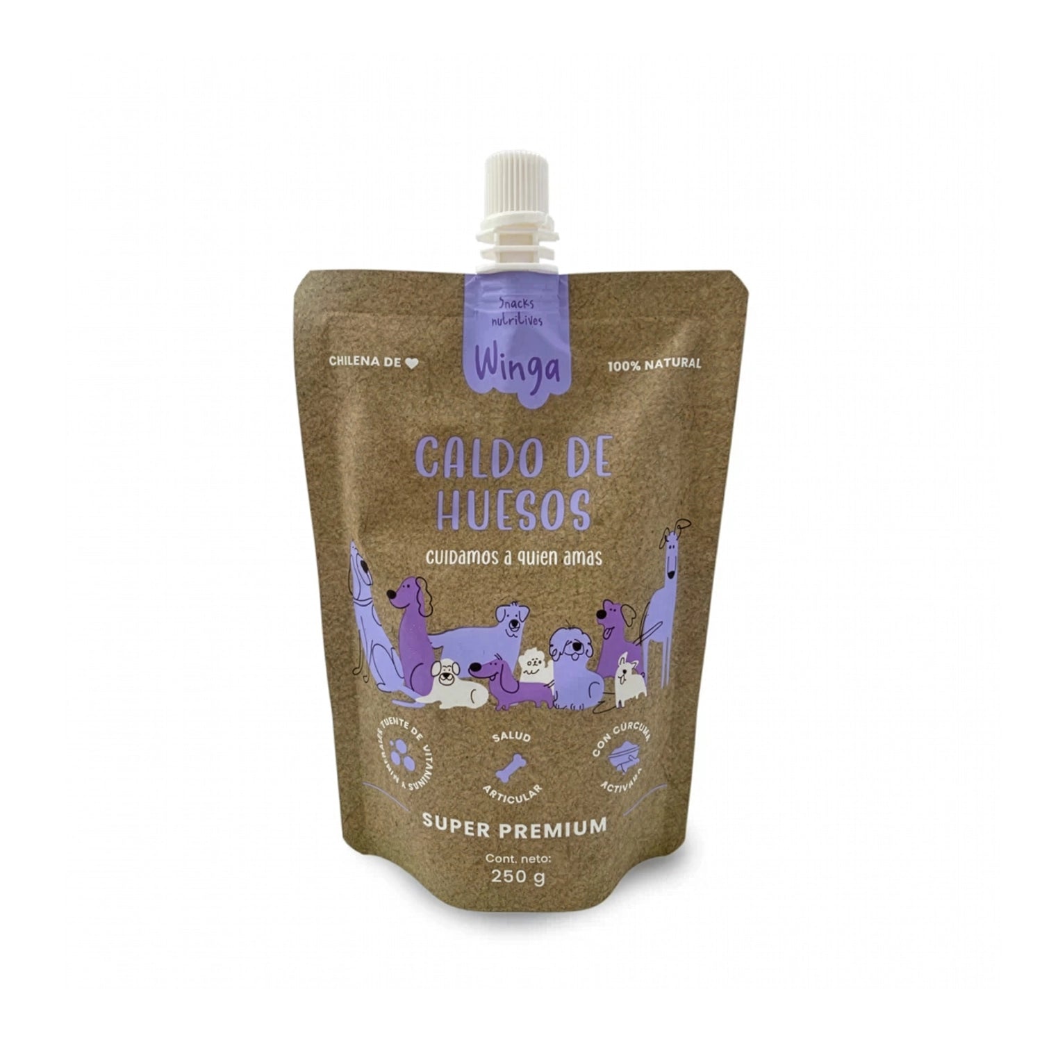 Winga Caldo de Huesos para Perros en pouch de 250 g con tapa dosificadora, diseño café y dibujos de perros en tonos morados.