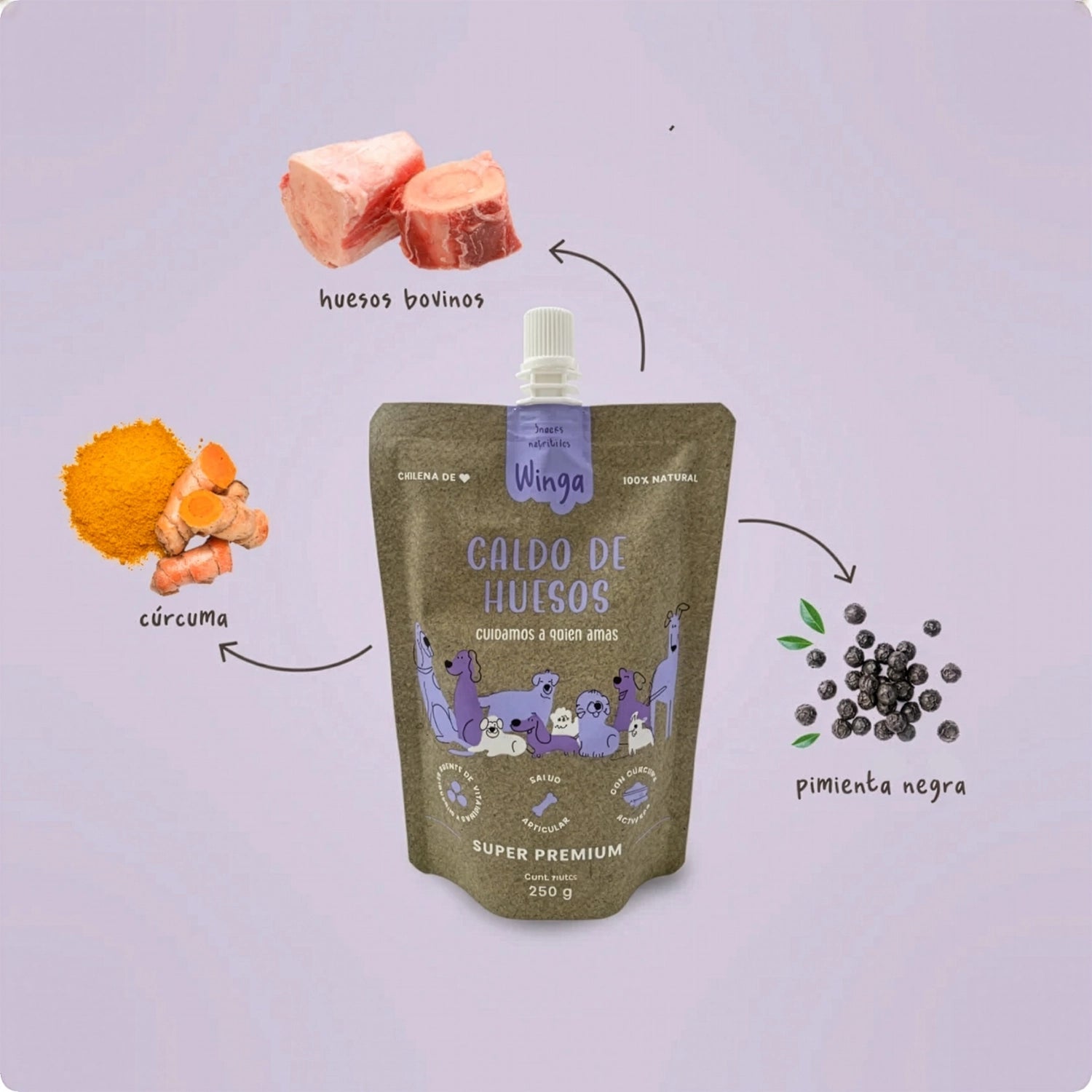 Winga Caldo de Huesos para Perros en pouch de 250 g con tapa dosificadora, diseño café y dibujos de perros en tonos morados.