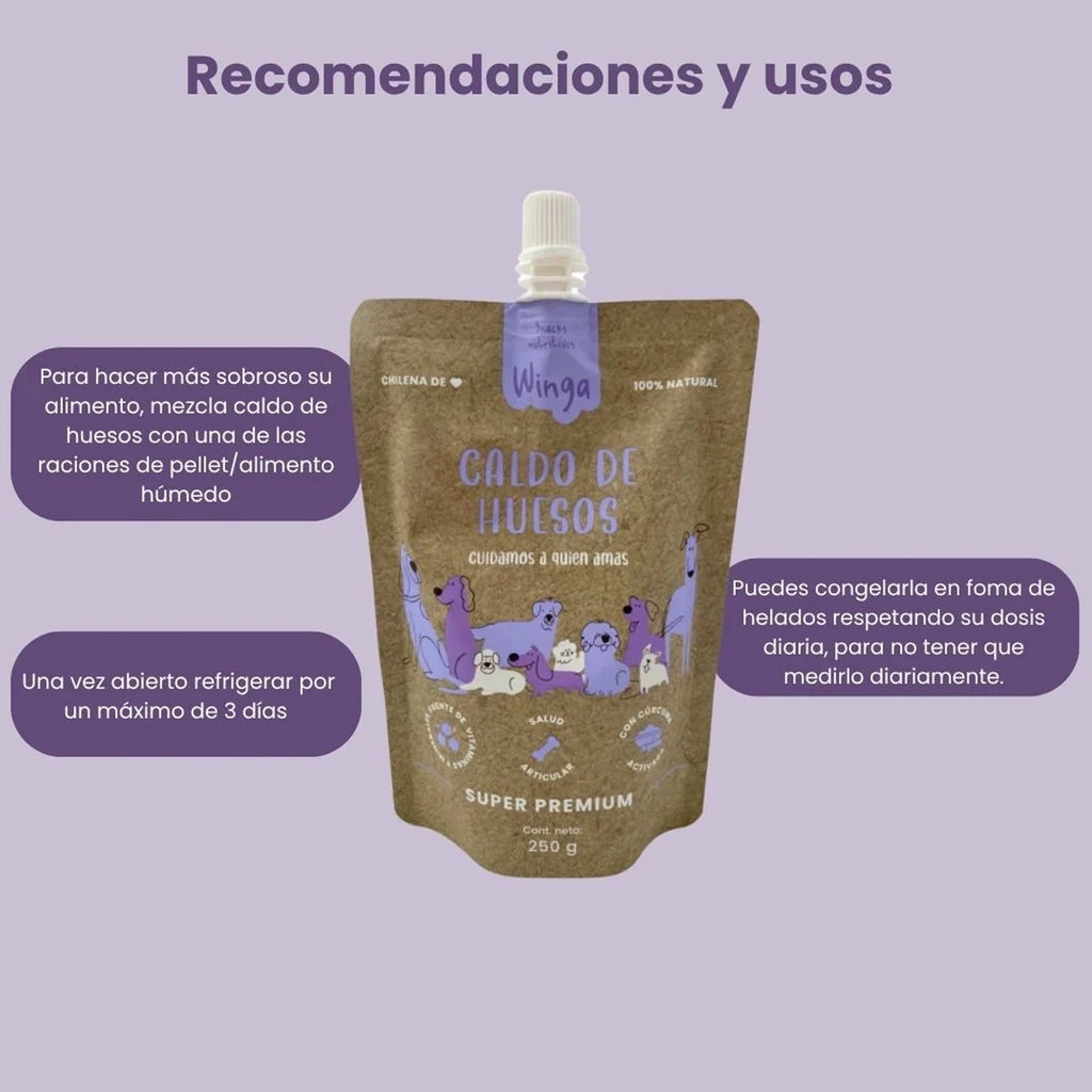 Winga Caldo de Huesos para Perros en pouch de 250 g con tapa dosificadora, diseño café y dibujos de perros en tonos morados.