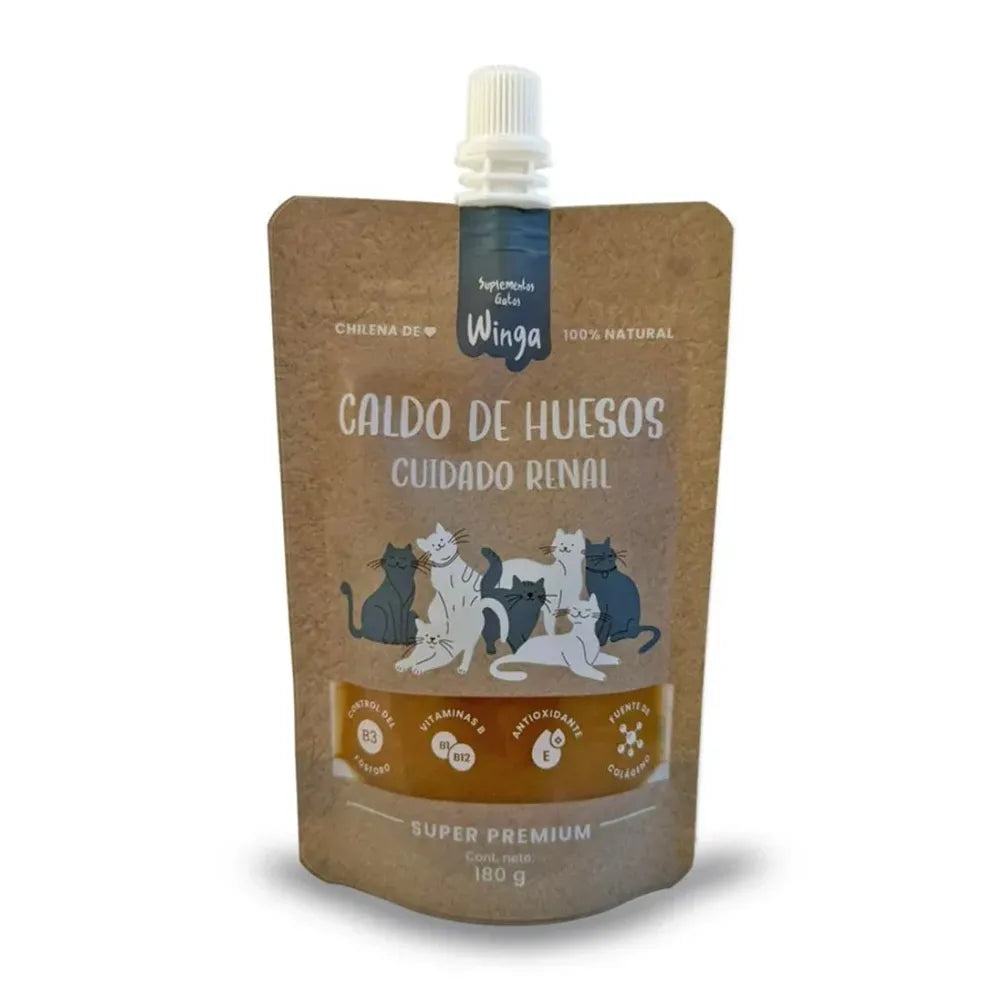 Winga Caldo de Huesos Renal para Gatos en pouch kraft con boquilla, ilustraciones de gatos y diseño natural para cuidado renal