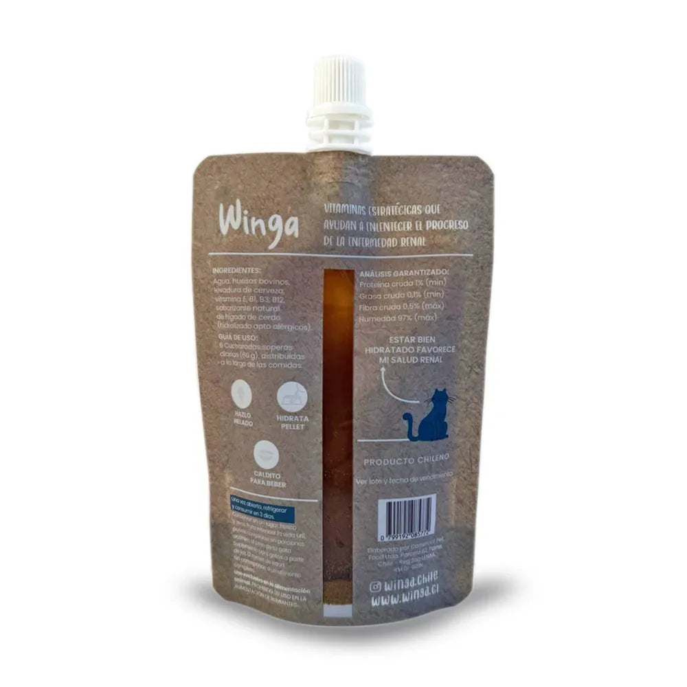 Winga Caldo de Huesos Renal para Gatos en pouch kraft con boquilla, ilustraciones de gatos y diseño natural para cuidado renal