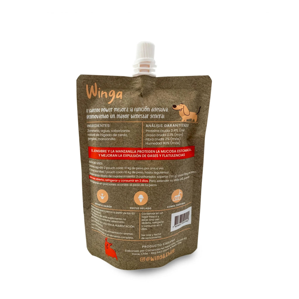 Winga Carrot Power para Perros en pouch de 250 g con tapa, suplemento 100% natural de zanahoria e ilustraciones de perros.