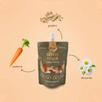 Winga Carrot Power para Perros en pouch de 250 g con tapa, suplemento 100% natural de zanahoria e ilustraciones de perros.