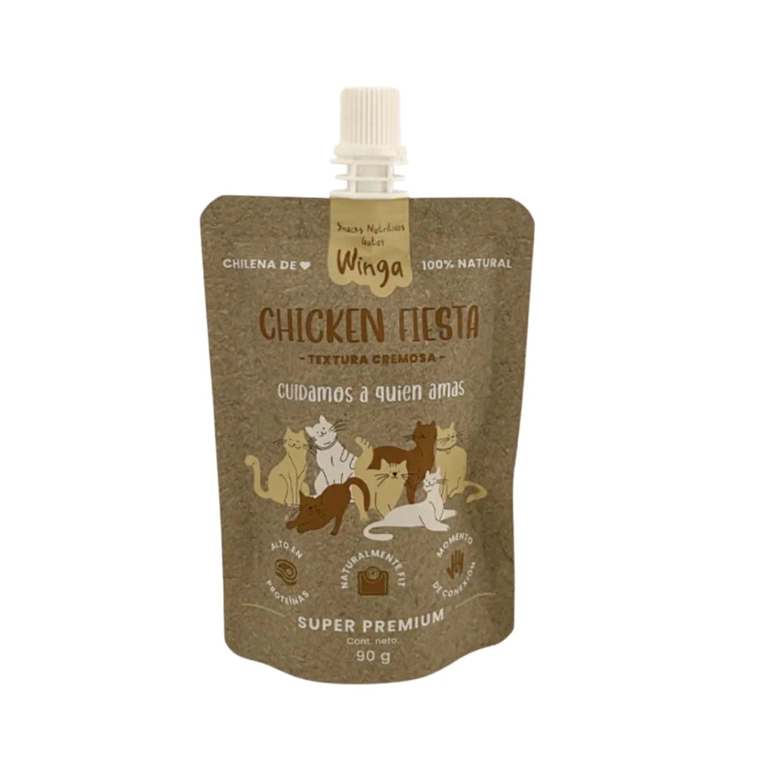 Winga Chicken Fiesta Pasta de Pollo para Gatos en pouch de 90 g con tapa, textura cremosa y envase con ilustraciones de gatos.
