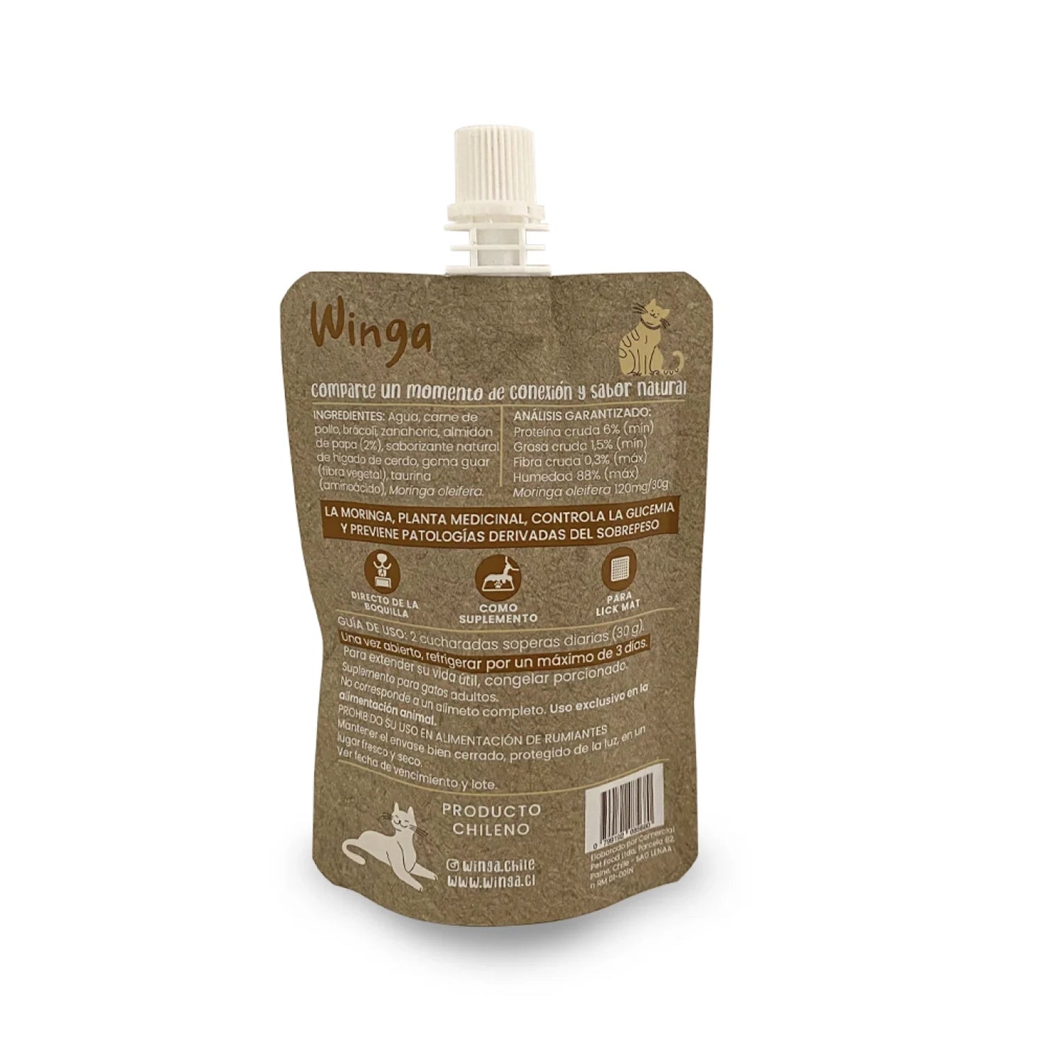 Winga Chicken Fiesta Pasta de Pollo para Gatos en pouch de 90 g con tapa, textura cremosa y envase con ilustraciones de gatos.