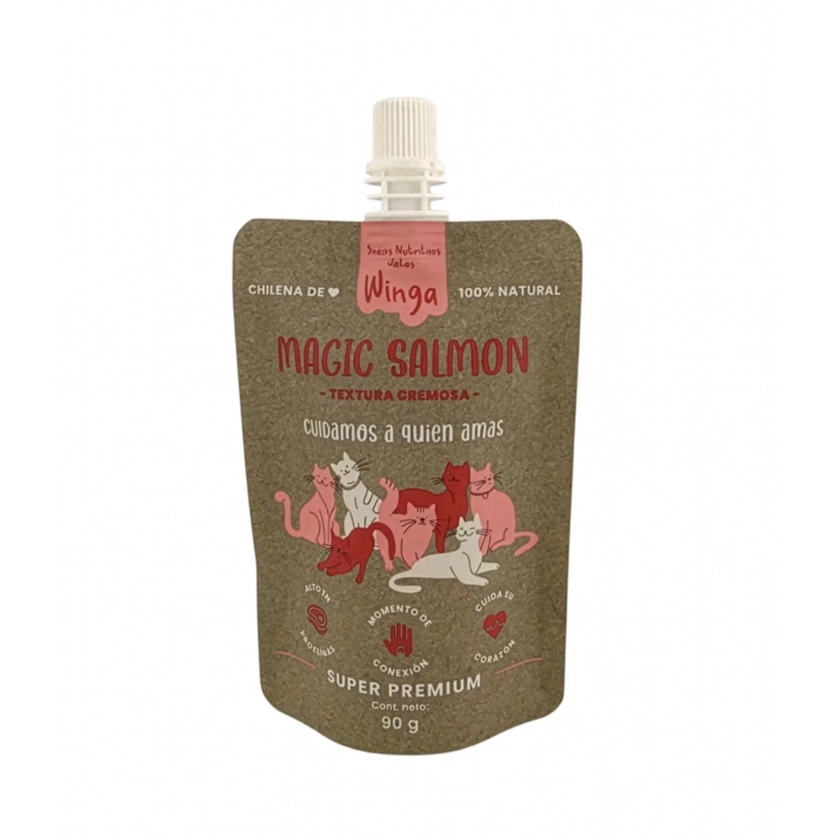 Winga Magic Salmón Pasta para Gatos en pouch de 90 g con tapa, textura cremosa, fórmula 100% natural e ilustración de gatos.