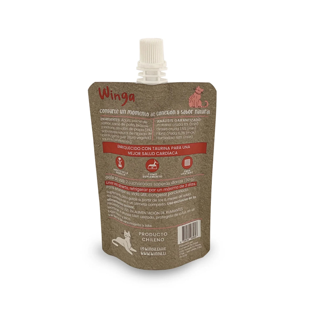 Winga Magic Salmón Pasta para Gatos en pouch de 90 g con tapa, textura cremosa, fórmula 100% natural e ilustración de gatos.