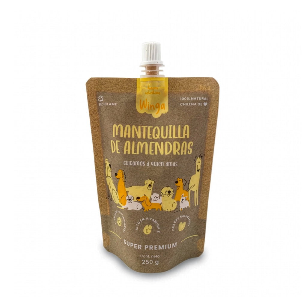 Winga Mantequilla de Almendras para Perros en pouch de 250 g con tapa dosificadora, envase natural e ilustraciones de perros.