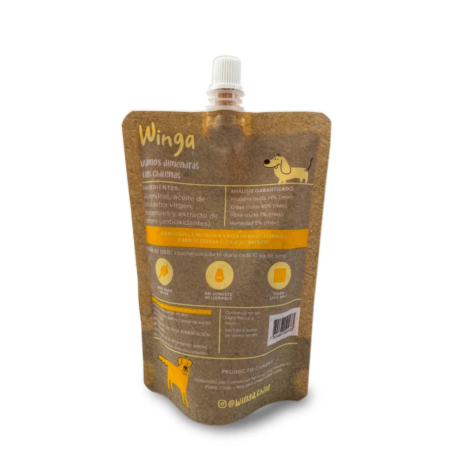 Winga Mantequilla de Almendras para Perros en pouch de 250 g con tapa dosificadora, envase natural e ilustraciones de perros.