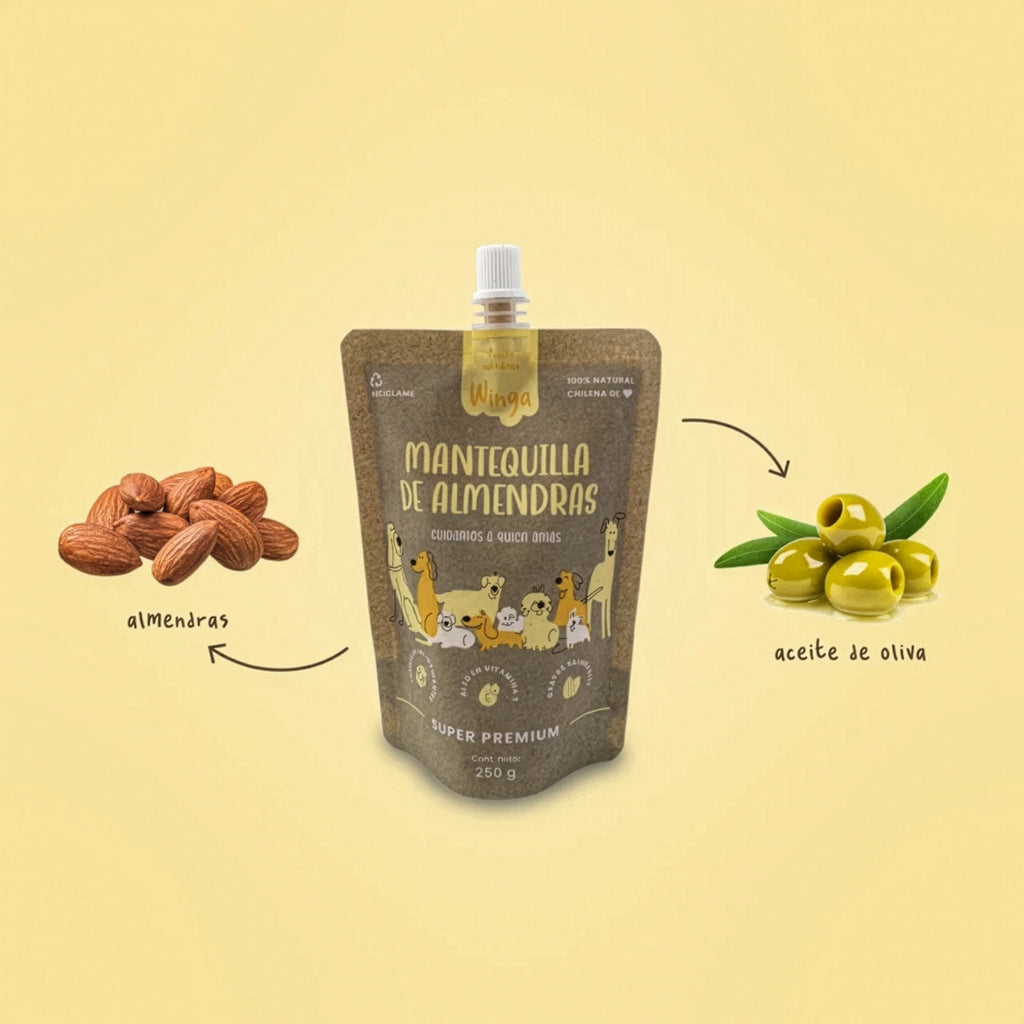 Winga Mantequilla de Almendras para Perros en pouch de 250 g con tapa dosificadora, envase natural e ilustraciones de perros.