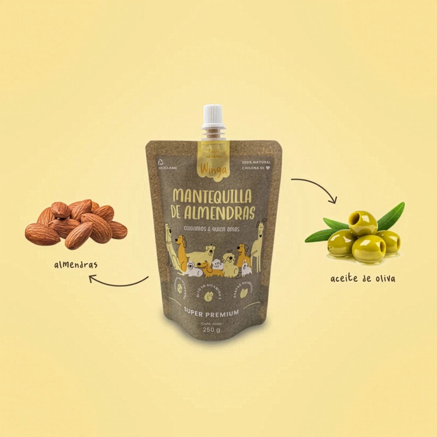 Winga Mantequilla de Almendras para Perros en pouch de 250 g con tapa dosificadora, envase natural e ilustraciones de perros.