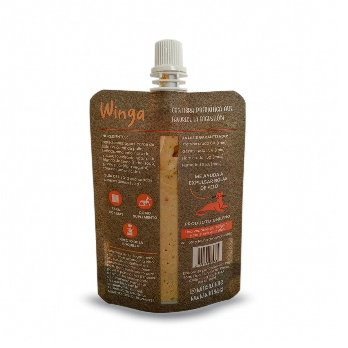 Winga Prebióticos Salmón para Gatos en pouch de 90 g con tapa, textura cremosa, fórmula natural e ilustraciones de gatos.