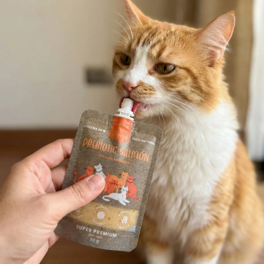 Winga Prebióticos Salmón para Gatos en pouch de 90 g con tapa, textura cremosa, fórmula natural e ilustraciones de gatos.