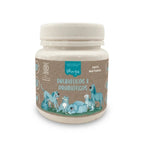 Winga Pre & Probióticos, suplemento 100% natural para perros y gatos, presentado en frasco blanco con etiqueta ilustrada.