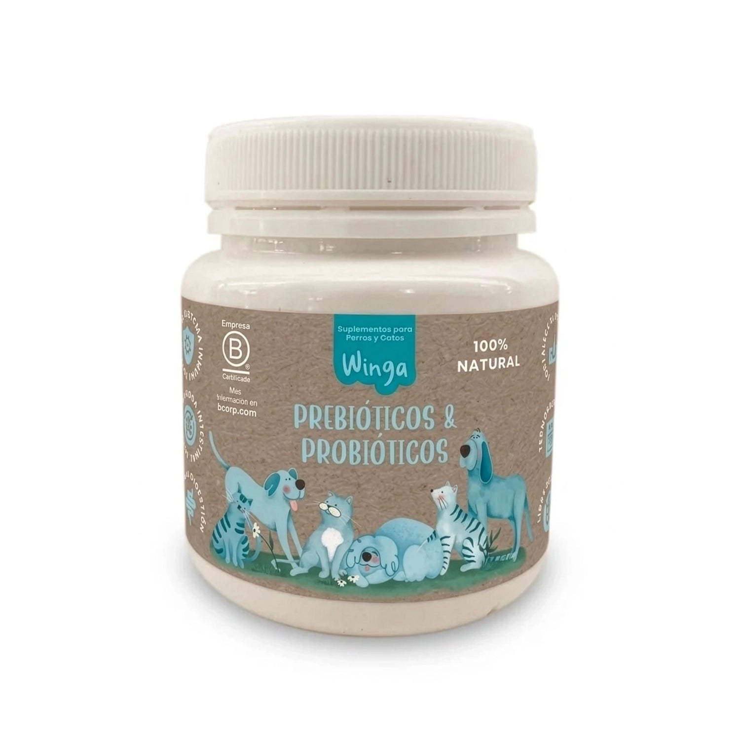 Winga Pre & Probióticos, suplemento 100% natural para perros y gatos, presentado en frasco blanco con etiqueta ilustrada.