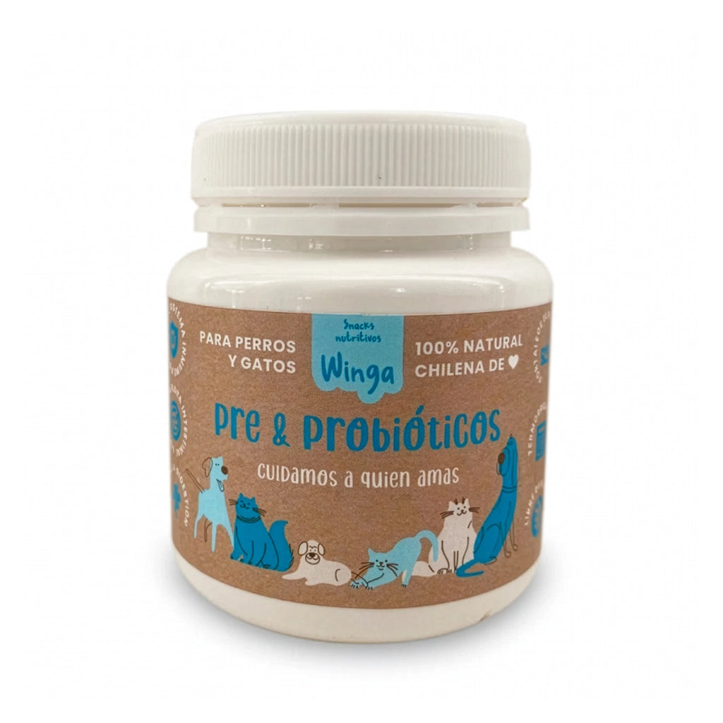 Winga Pre & Probióticos en envase blanco con diseño de mascotas, snack funcional para microbiota intestinal.