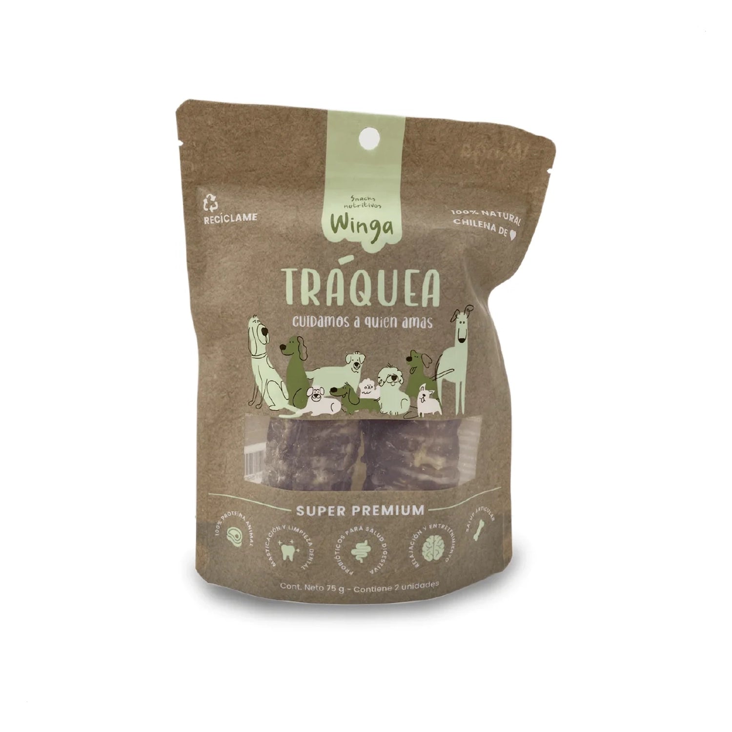 Winga Snack Tráquea para Perros en bolsa de 75 g con dos unidades, ventana transparente e ilustraciones de perros en el envase.