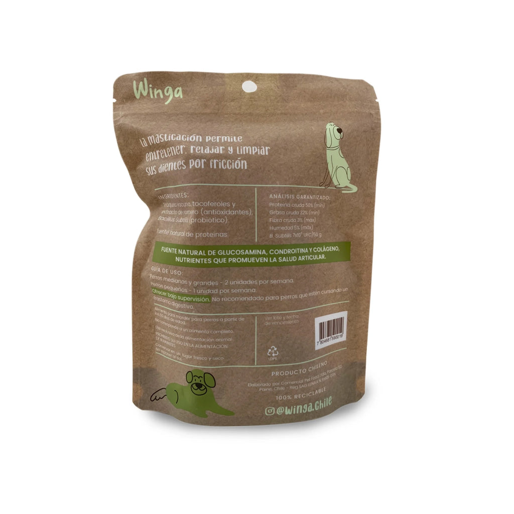 Winga Snack Tráquea para Perros en bolsa de 75 g con dos unidades, ventana transparente e ilustraciones de perros en el envase.