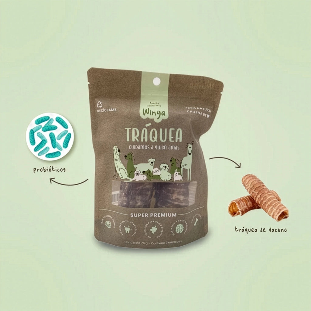 Winga Snack Tráquea para Perros en bolsa de 75 g con dos unidades, ventana transparente e ilustraciones de perros en el envase.
